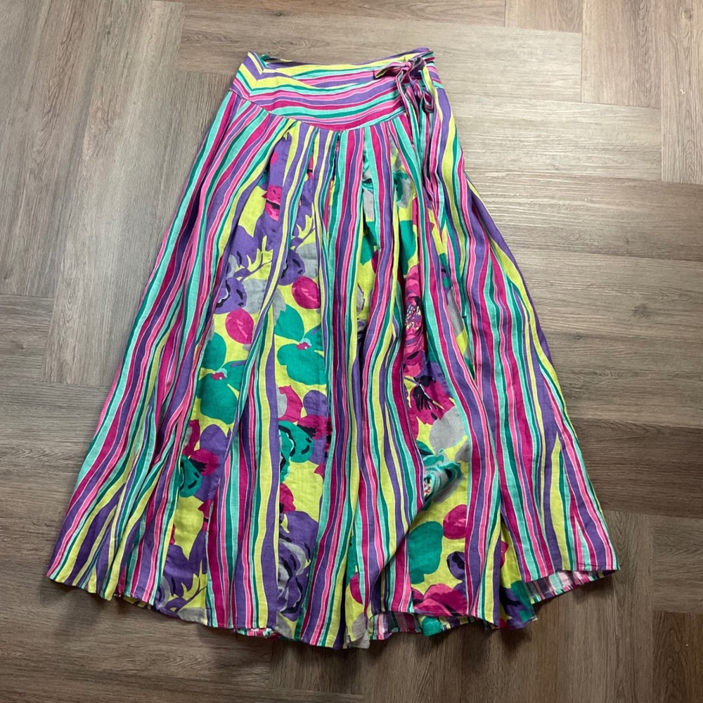 Soft Surroundings 100% Linen Floral Striped Maxi Skirt TS Tall Small Pink Purple